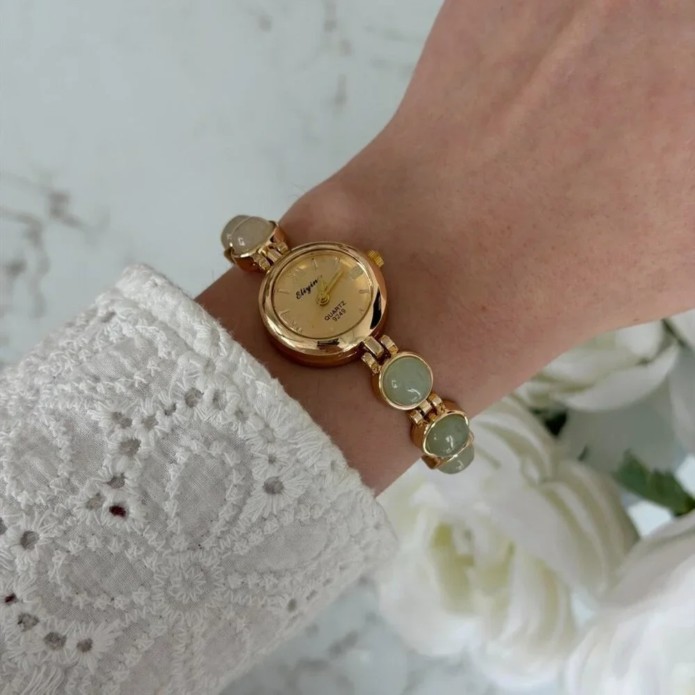 Sku0503 Gold Green Gemstones Women Casual Watch Bracelet Stainless steel